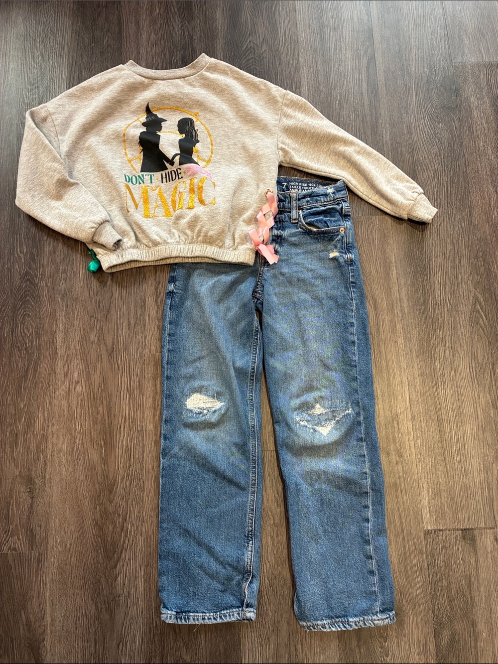 Wicked & Gap (7) Girls Cropped Sweatshirt with Ribbon Trim, Loose 90s Jeans